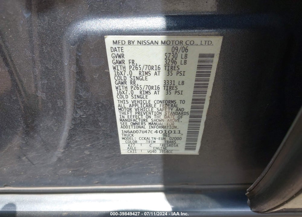 2007 NISSAN FRONTIER SE VIN: 1N6AD07U47C401011