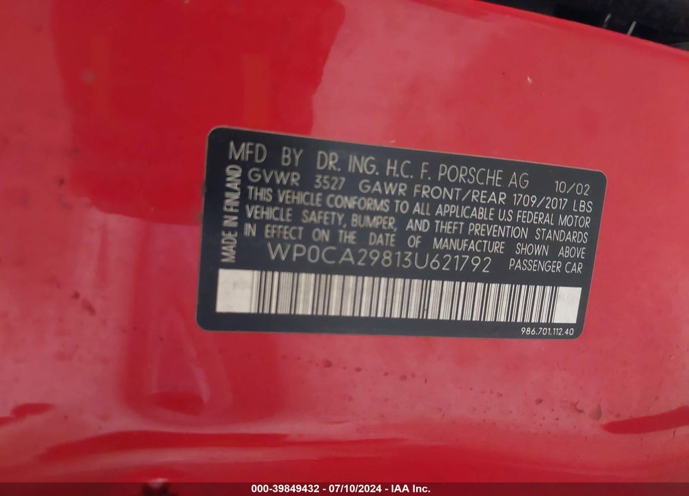 2003 PORSCHE BOXSTER VIN: WP0CA29813U621792