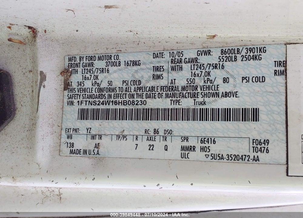 2006 FORD E-250 COMMERCIAL/RECREATIONAL VIN: 1FTNS24W16HB08230