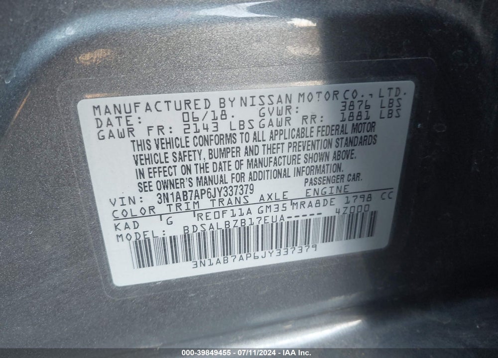 2018 NISSAN SENTRA S VIN: 3N1AB7AP6JY337379