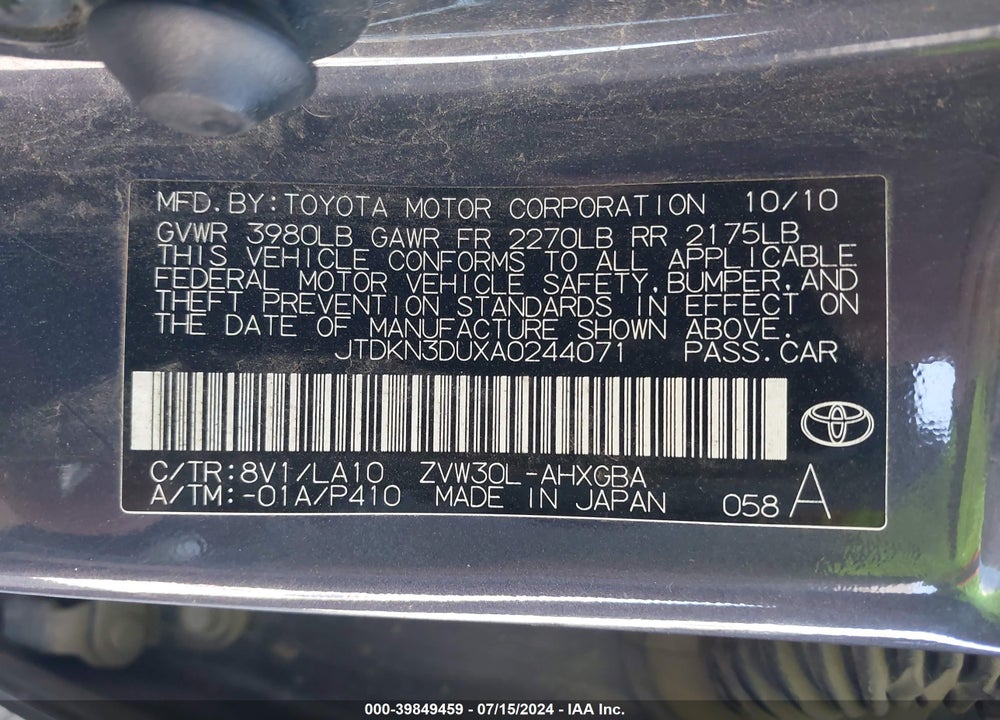 2010 TOYOTA PRIUS IV VIN: JTDKN3DUXA0244071