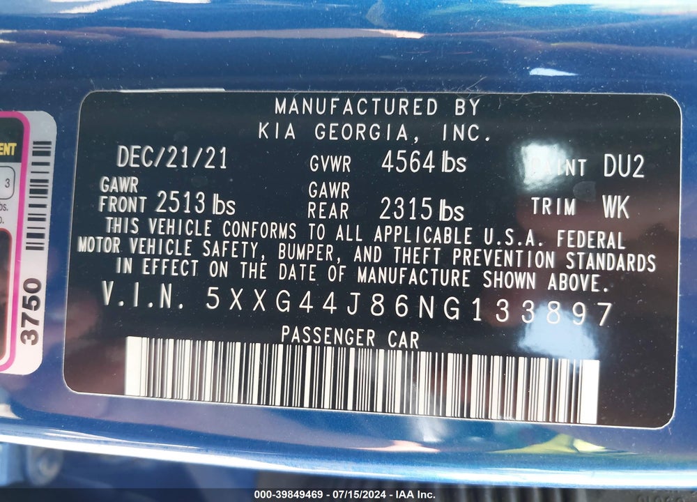 2022 KIA K5 GT VIN: 5XXG44J86NG133897