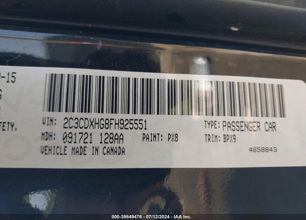 2015 DODGE CHARGER SXT VIN: 2C3CDXHG8FH925551
