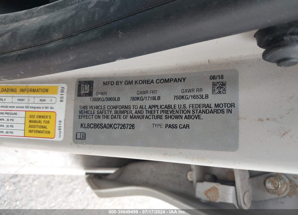 2019 CHEVROLET SPARK LS CVT VIN: KL8CB6SA0KC726726
