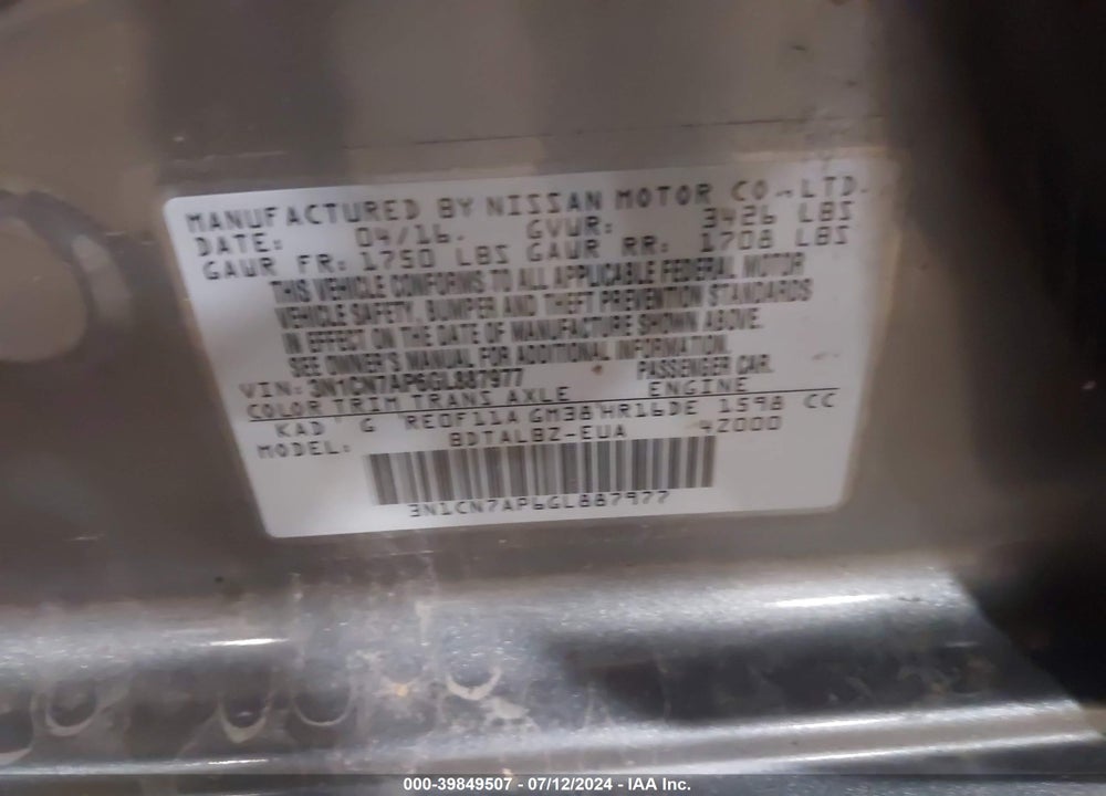 2016 NISSAN VERSA 1.6 SV VIN: 3N1CN7AP6GL887977