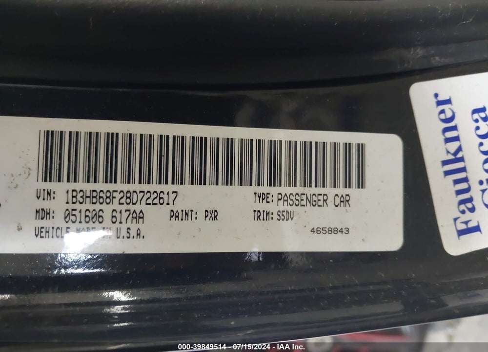 2008 DODGE CALIBER SRT4 VIN: 1B3HB68F28D722617