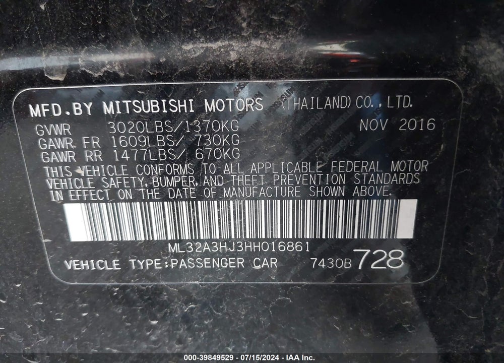 2017 MITSUBISHI MIRAGE VIN: ML32A3HJ3HH016861