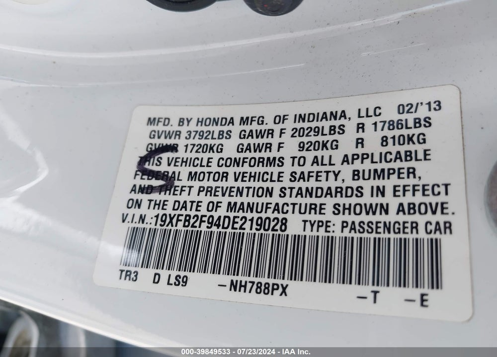 2013 HONDA CIVIC EX-L VIN: 19XFB2F94DE219028