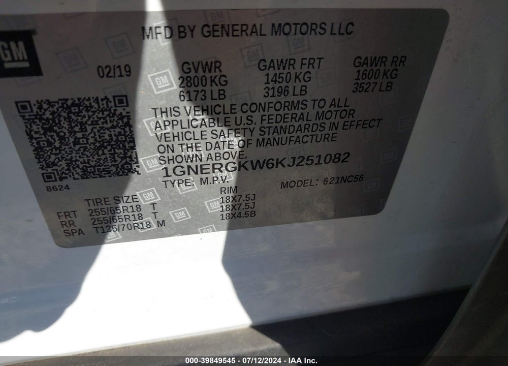 2019 CHEVROLET TRAVERSE 1LT VIN: 1GNERGKW6KJ251082