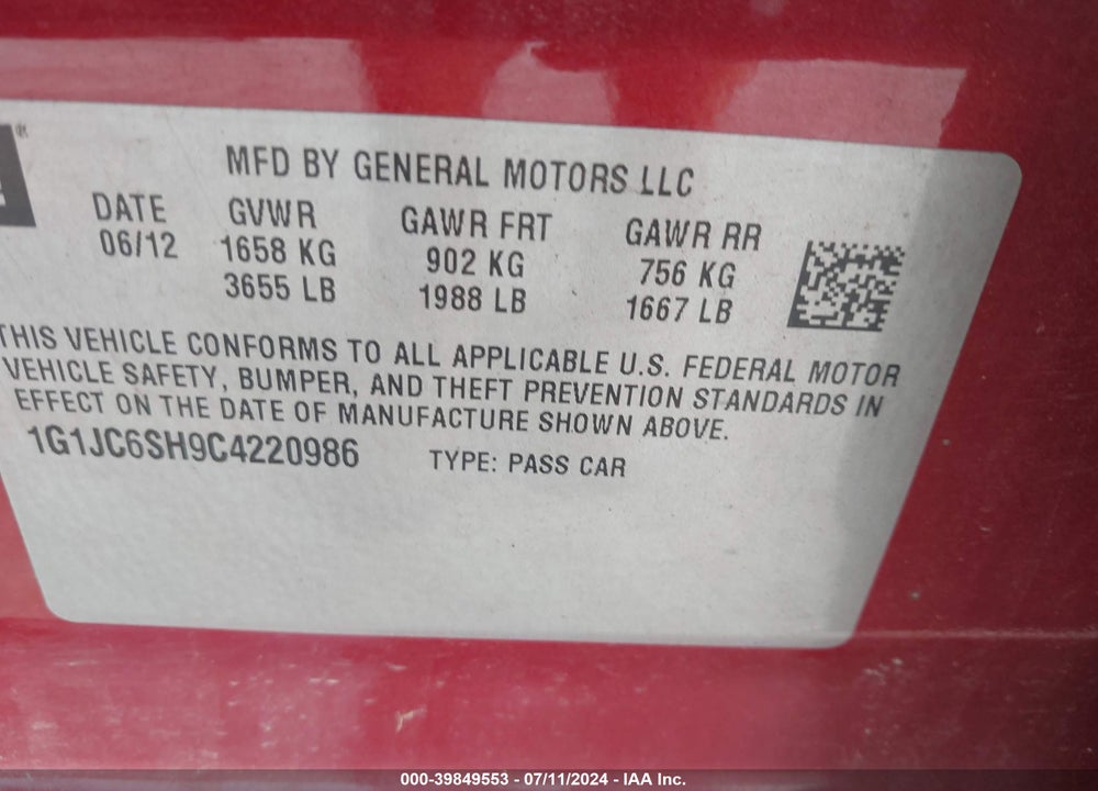 2012 CHEVROLET SONIC 2LT VIN: 1G1JC6SH9C4220986