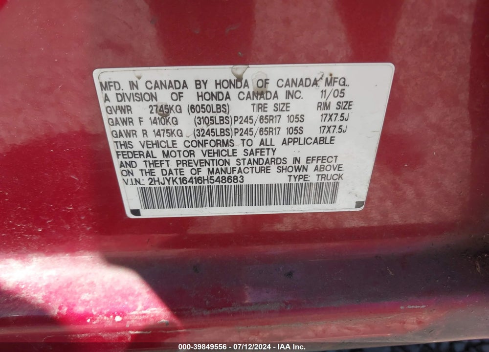 2006 HONDA RIDGELINE RTS VIN: 2HJYK16416H548683