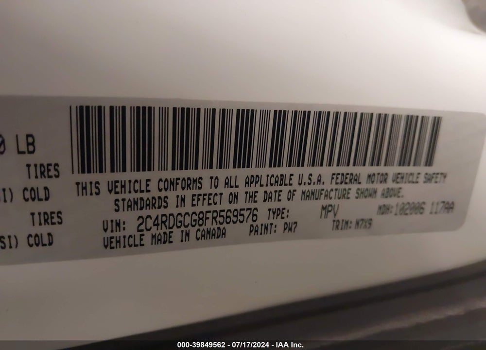 2015 DODGE GRAND CARAVAN SXT VIN: 2C4RDGCG8FR569576