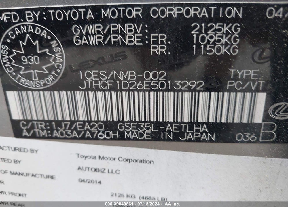 2014 LEXUS IS 250 VIN: JTHCF1D26E5013292