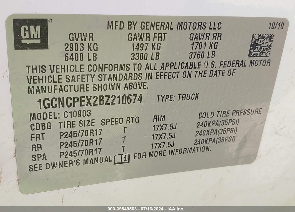2011 CHEVROLET SILVERADO 1500 WORK TRUCK VIN: 1GCNCPEX2BZ210674