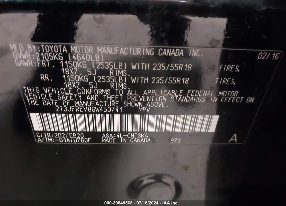 2016 TOYOTA RAV4 SE VIN: 2T3JFREV8GW450741