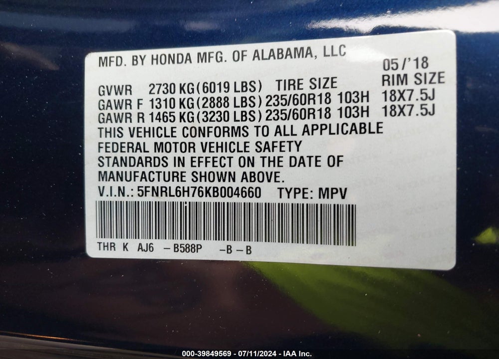 2019 HONDA ODYSSEY EX-L VIN: 5FNRL6H76KB004660
