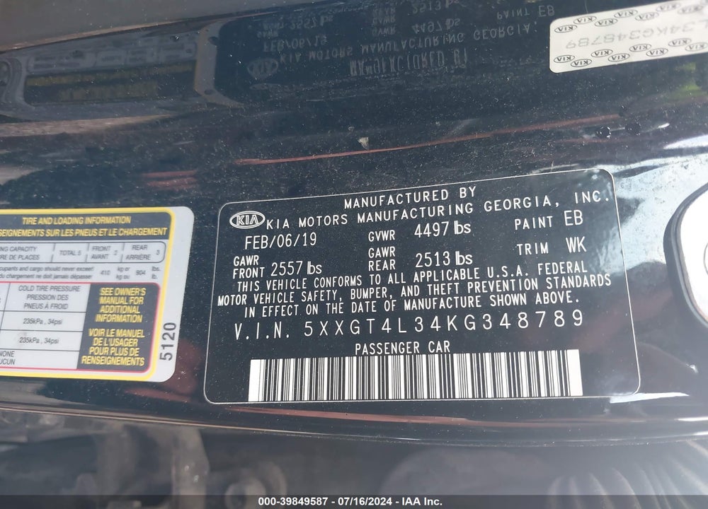 2019 KIA OPTIMA LX VIN: 5XXGT4L34KG348789