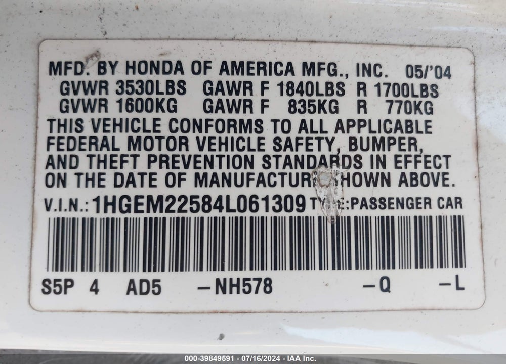 2004 HONDA CIVIC LX VIN: 1HGEM22584L061309