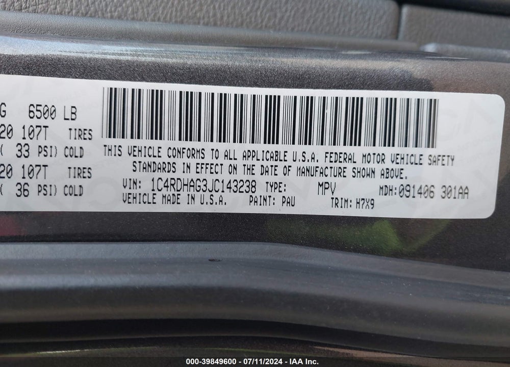 2018 DODGE DURANGO SXT RWD VIN: 1C4RDHAG3JC143238