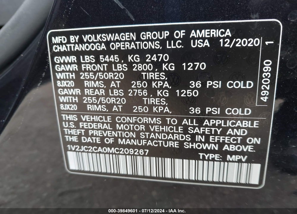 2021 VOLKSWAGEN ATLAS CROSS SPORT 2.0T SE W/TECHNOLOGY VIN: 1V2JC2CA0MC209267