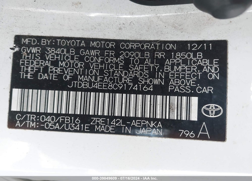 2012 TOYOTA COROLLA LE VIN: JTDBU4EE8C9174164
