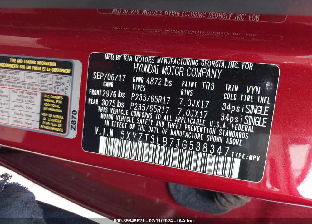 2018 HYUNDAI SANTA FE SPORT VIN: 5XYZT3LB7JG538347