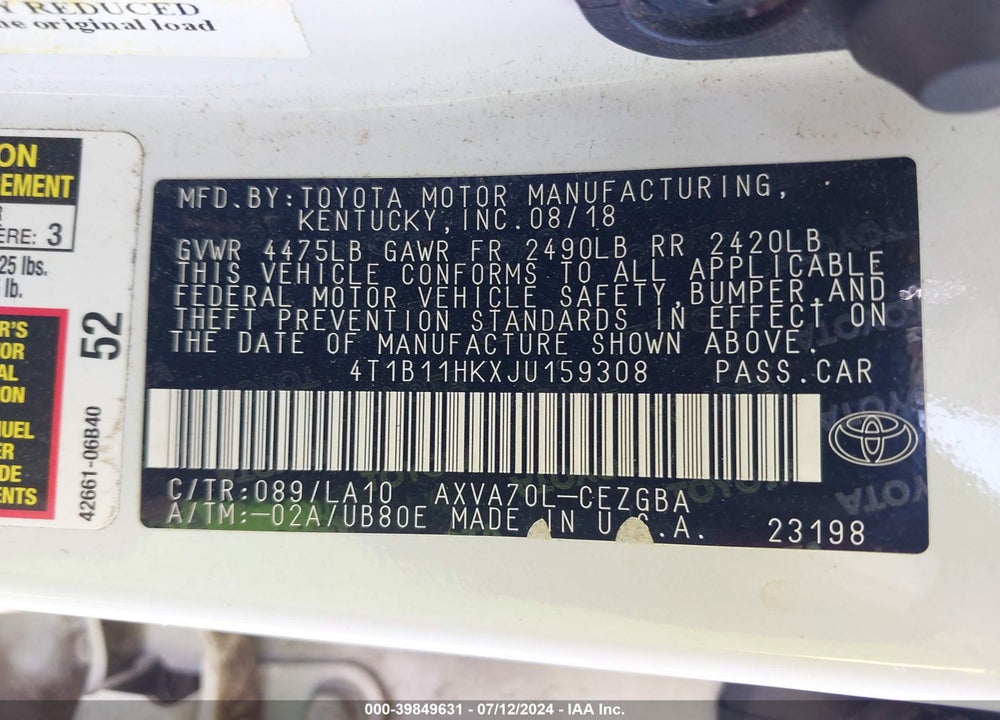 2018 TOYOTA CAMRY XLE VIN: 4T1B11HKXJU159308