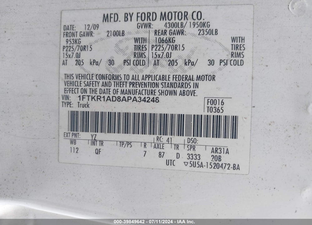 2010 FORD RANGER XL/XLT VIN: 1FTKR1AD8APA34248