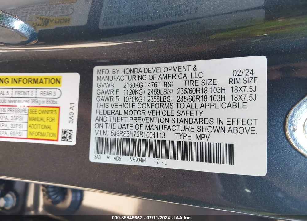 2024 HONDA CR-V EX-L 2WD VIN: 5J6RS3H76RL004113