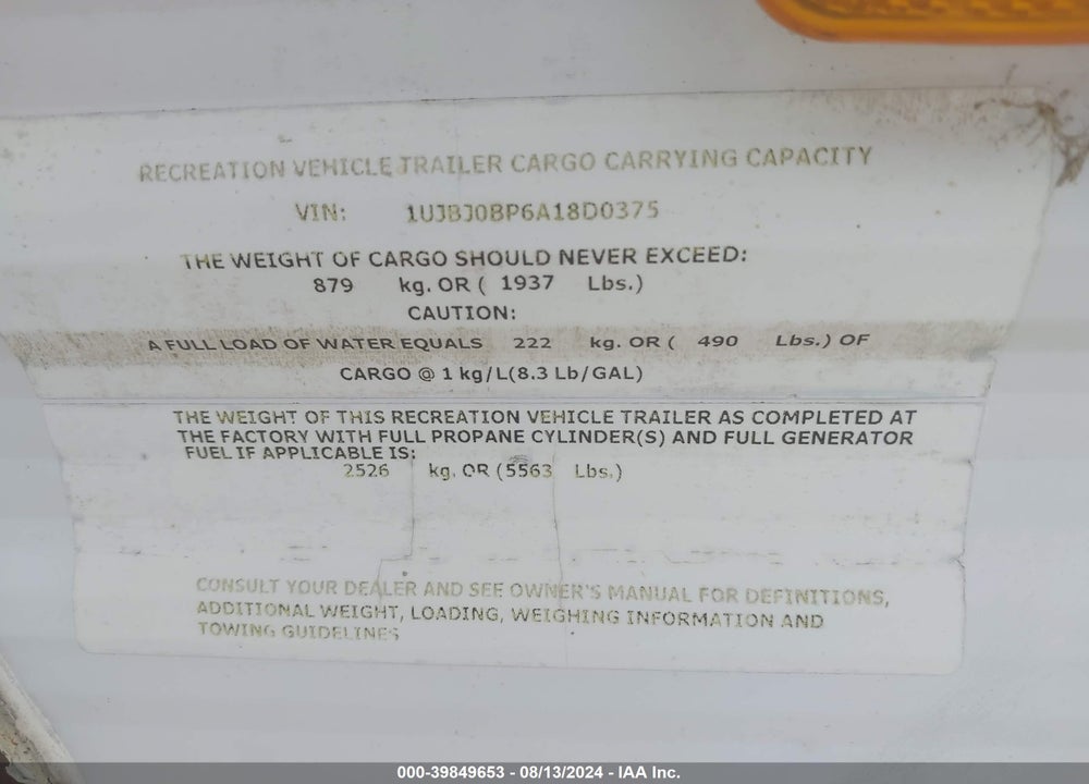 2010 JAYCO ULTRA FLIG VIN: 1UJBJ0BP6A18D0375