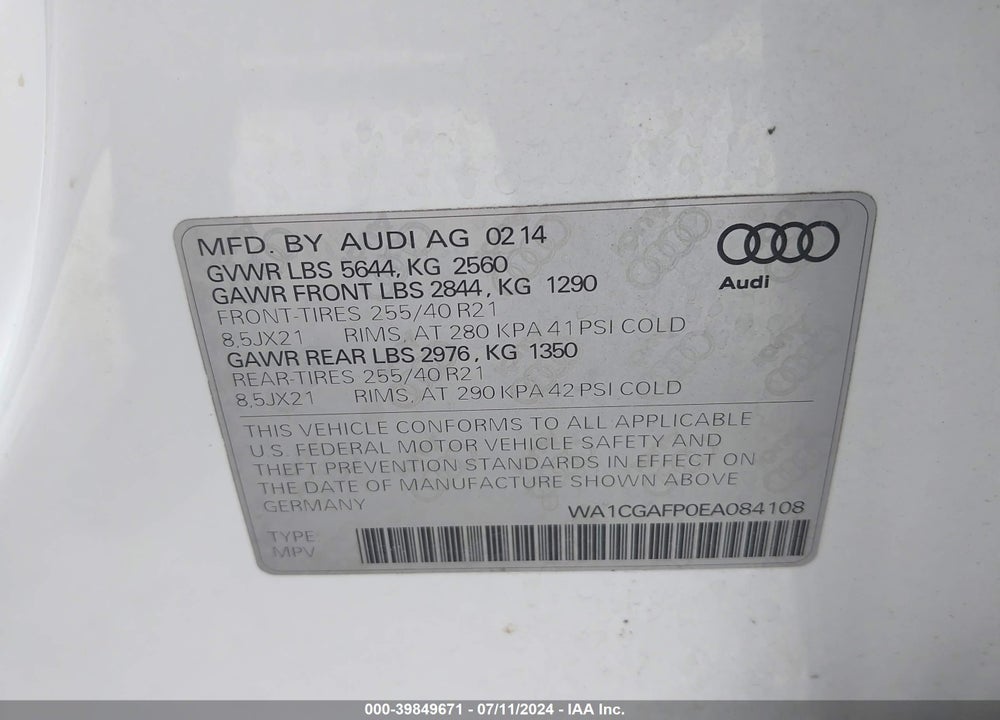 2014 AUDI SQ5 3.0T PREMIUM PLUS VIN: WA1CGAFP0EA084108