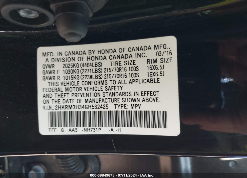 2016 HONDA CR-V LX VIN: 2HKRM3H34GH532425