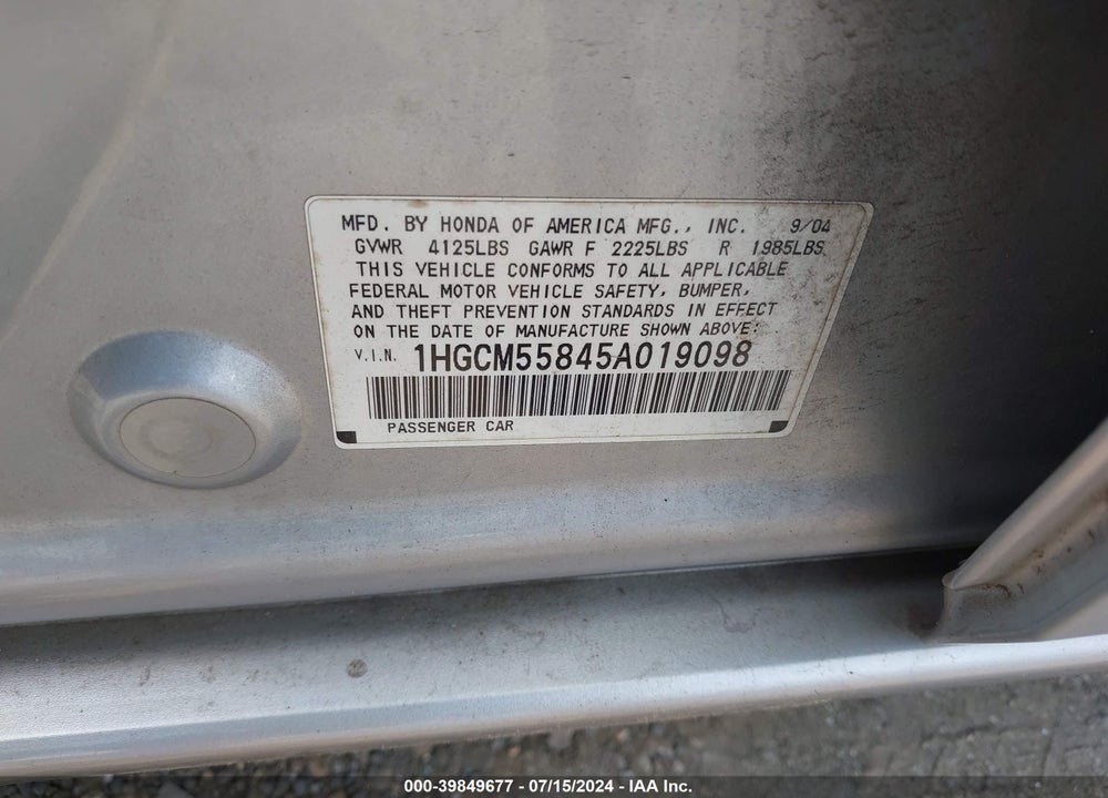2005 HONDA ACCORD 2.4 EX VIN: 1HGCM55845A019098