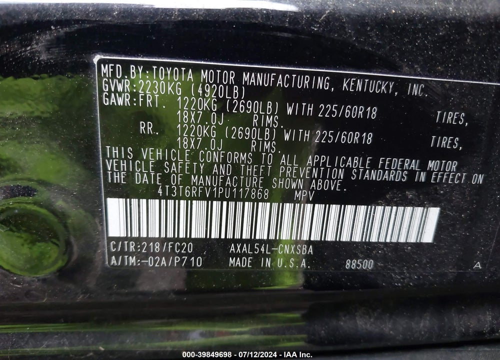2023 TOYOTA RAV4 HYBRID SE VIN: 4T3T6RFV1PU117868