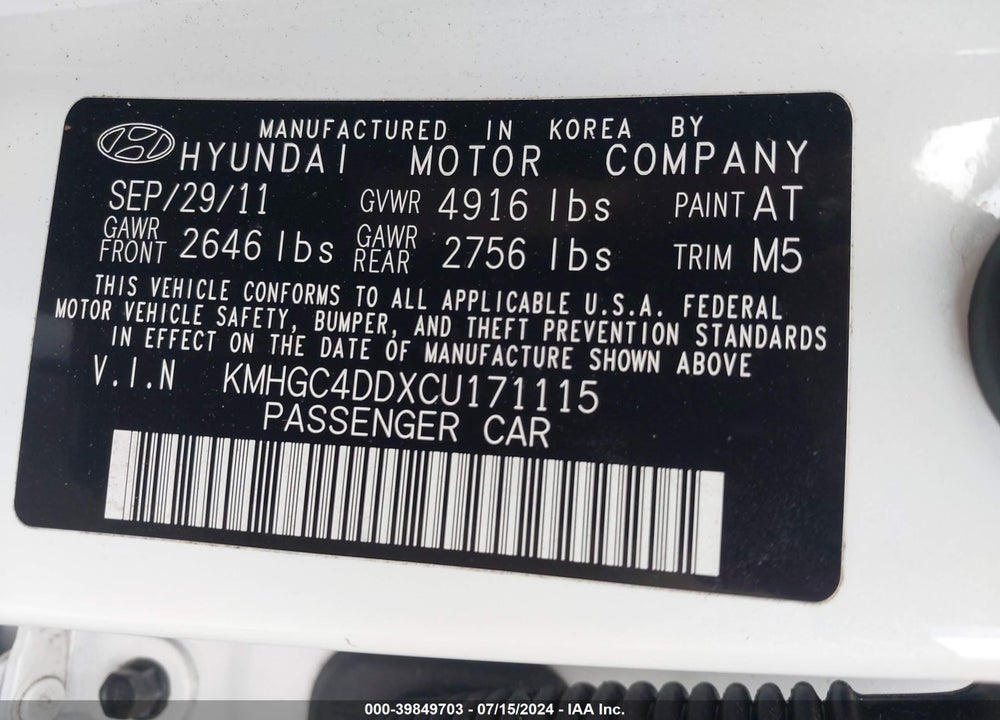 2012 HYUNDAI GENESIS VIN: KMHGC4DDXCU171115