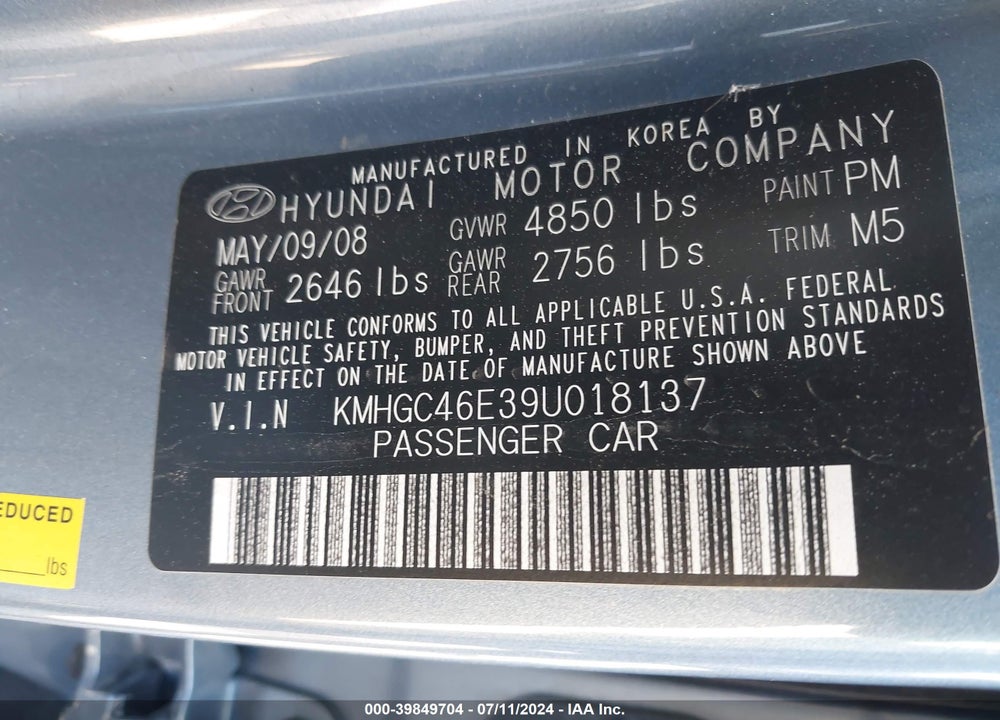 2009 HYUNDAI GENESIS 3.8 VIN: KMHGC46E39U018137