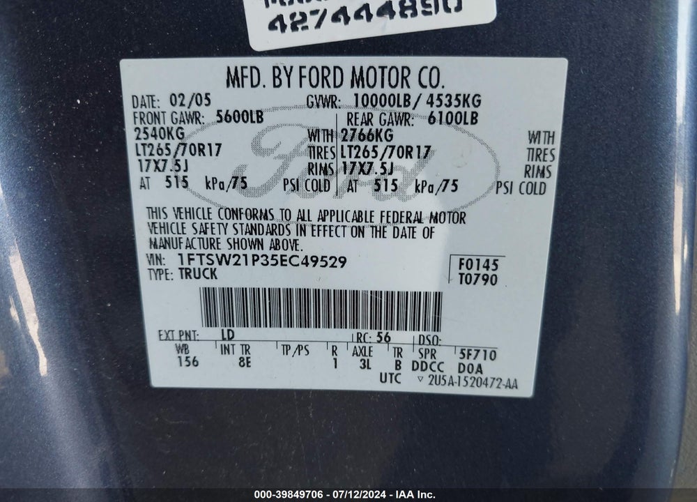 2005 FORD F-250 LARIAT/XL/XLT VIN: 1FTSW21P35EC49529