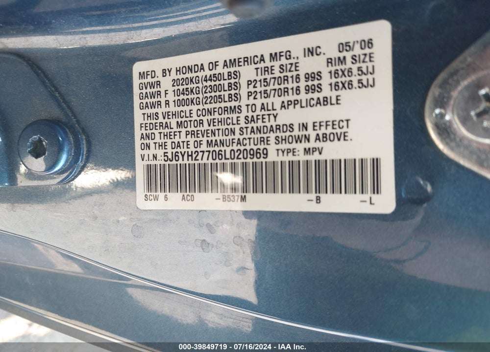 2006 HONDA ELEMENT EX-P VIN: 5J6YH27706L020969