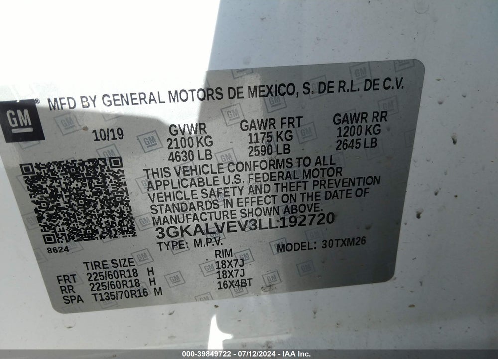 2020 GMC TERRAIN AWD SLT VIN: 3GKALVEV3LL192720