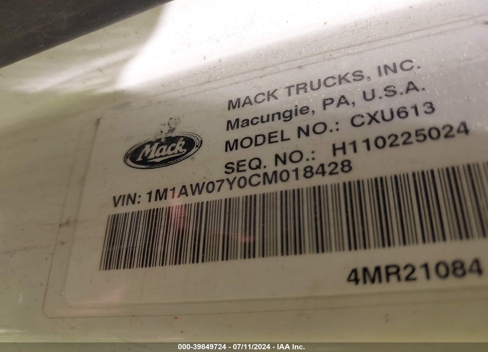 2012 MACK CXU613 VIN: 1M1AW07Y0CM018428
