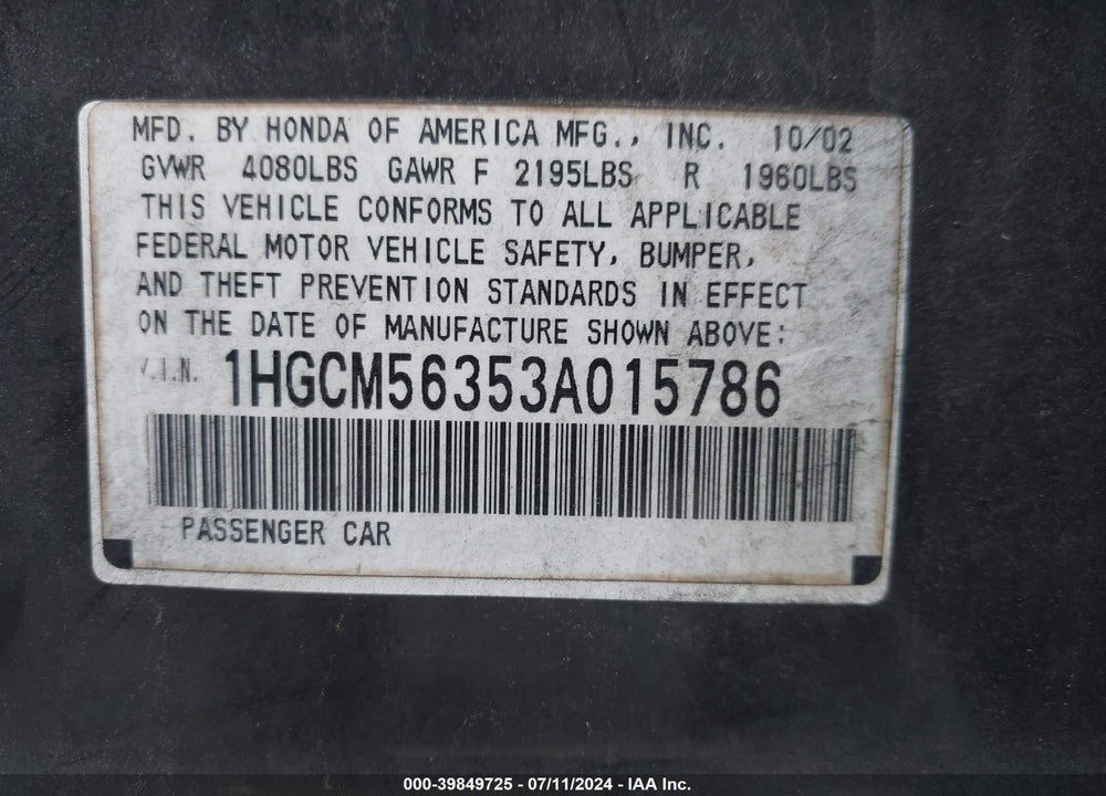 2003 HONDA ACCORD 2.4 LX VIN: 1HGCM56353A015786