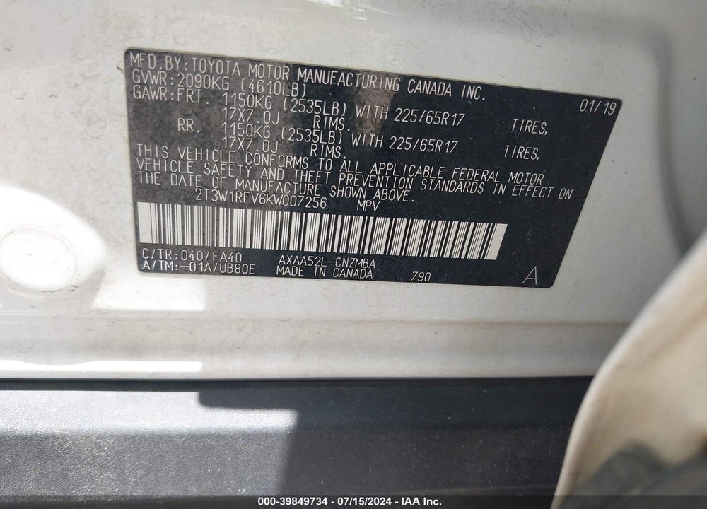 2019 TOYOTA RAV4 XLE VIN: 2T3W1RFV6KW007256