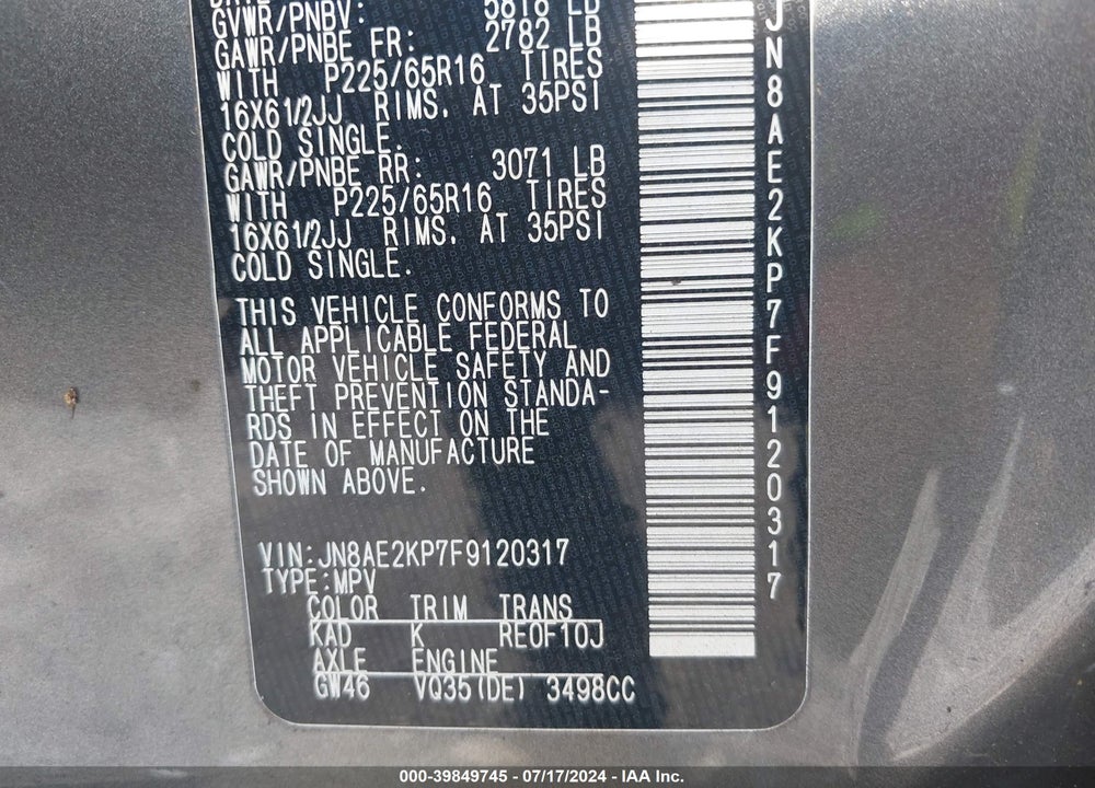 2015 NISSAN QUEST S VIN: JN8AE2KP7F9120317