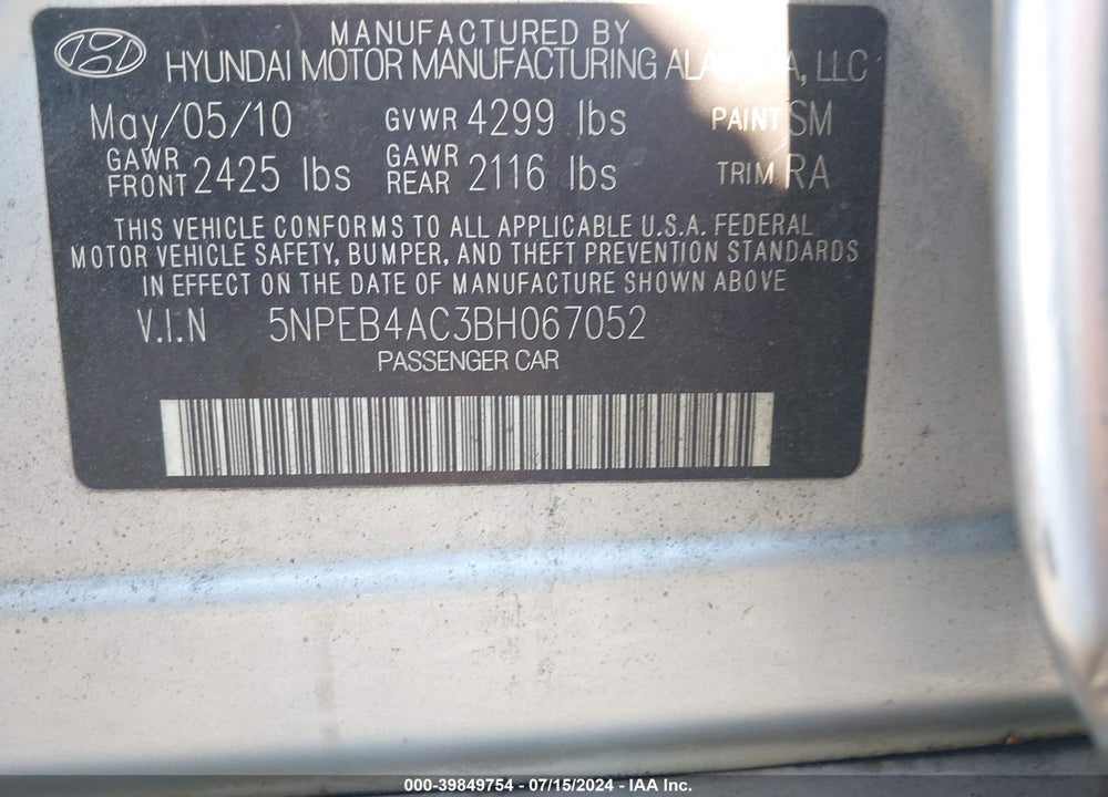 2011 HYUNDAI SONATA GLS VIN: 5NPEB4AC3BH067052
