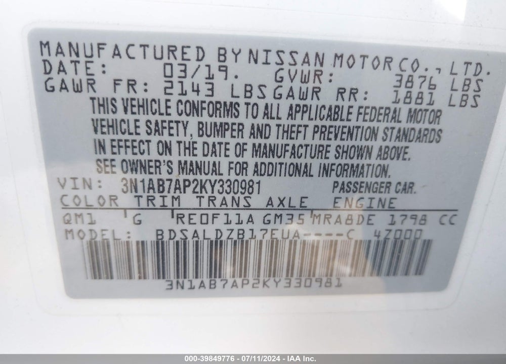 2019 NISSAN SENTRA SV VIN: 3N1AB7AP2KY330981