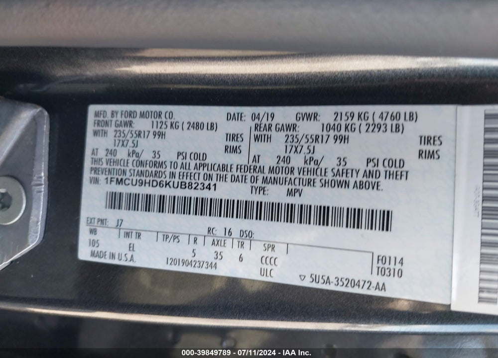 2019 FORD ESCAPE SEL VIN: 1FMCU9HD6KUB82341
