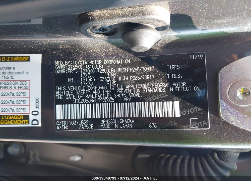 2020 TOYOTA 4RUNNER SR5 PREMIUM VIN: JTEZU5JR6L5220025