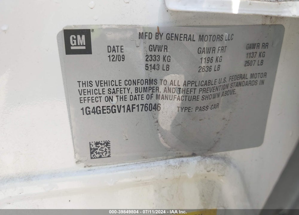 2010 BUICK LACROSSE CXS VIN: 1G4GE5GV1AF176046