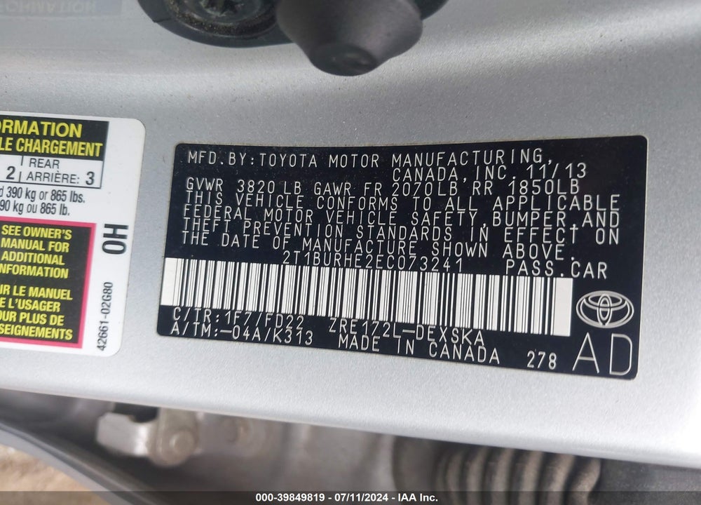 2014 TOYOTA COROLLA S PLUS VIN: 2T1BURHE2EC073241