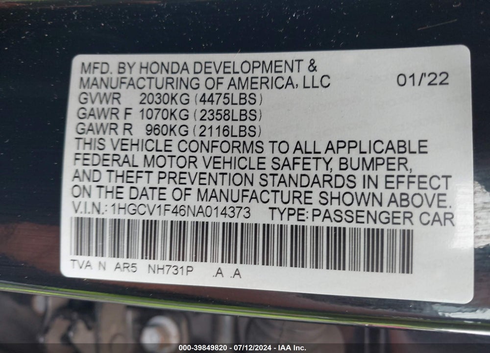 2022 HONDA ACCORD SPORT SPECIAL EDITION VIN: 1HGCV1F46NA014373